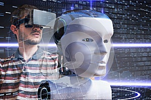 Young scientist is controlling robotic head. Artificial intelligence concept. 3D rendered illustration of a robot