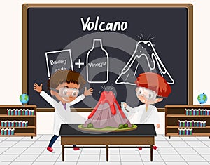 Young scientist doing volcano experiment in front of a board in laboratory