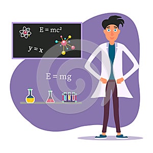 Young scientist experimenting in science chemistry laboratory.Vector Illustration
