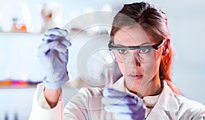 Young scientist pipetting in life science laboratory.