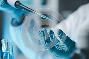 Young scientists in sterile clothing and safety goggles sitting at table conducting research investigations in a medical