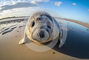 Young seal pup on the seashore, wide angle view