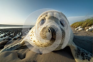 Young seal pup on the seashore, wide angle view