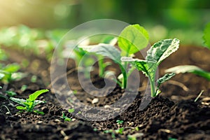 Young seedlings sprouting from fertile soil with sunlight highlighting new growth.