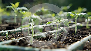 Young seedlings of tomato in a greenhouse. Selective focus.