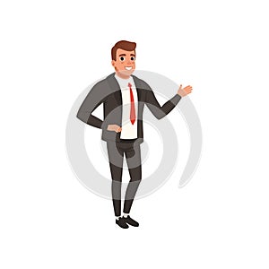 Young self-confident business man standing and waving hand. Cartoon male character in classic black suit with red tie