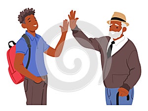 Young And Senior Men Share A Triumphant High-five, Uniting Generations Through A Gesture Of Camaraderie