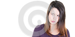 Young serious angry brunette fun young beautiful woman portrait on white background