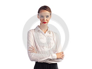 Young serious business woman with cross hands