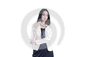 Young serious businesswoman holding isolated lady, expert