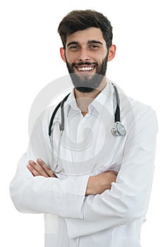 Young serious handsome bearded doctor with white coat and stethoscope.