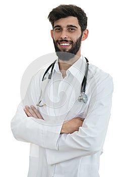 Young serious handsome bearded doctor with white coat and stethoscope.