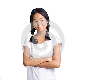 young serious teenager woman portrait on a white background