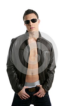 Young boy sunglasses and leather jacket