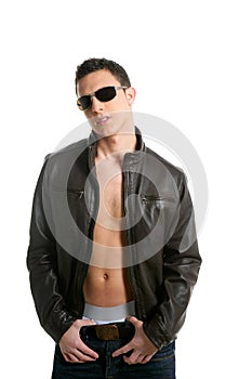 Young boy sunglasses and leather jacket