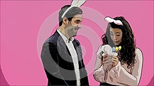 Young sexy couple on pink background. With hackneyed ears on the head. During this man gives a soft toy hare and colored