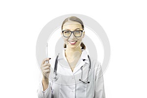 Young sexy female dentist holds toothbrush isolated white background.