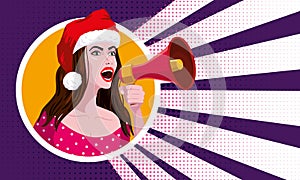 Young sexy woman in red hat Santa shouting in megaphon, loudspeaker. Female cartoon character announcing for advertising