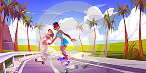 Young sexy woman on skateboard riding palm road