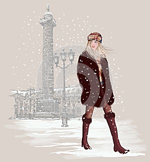 Young sexy woman at Vendome square in Paris under snow