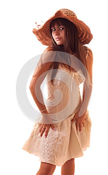 Young woman in vintage hat isolated