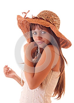 Young woman in vintage hat isolated