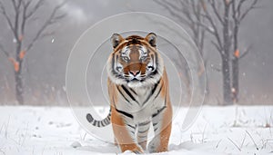 A young Siberian tiger in a snowy winter landscape, with the tiger\'s striped fur and intense eyes