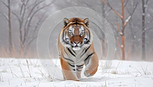 A young Siberian tiger in a snowy winter landscape, with the tiger\'s striped fur and intense eyes