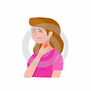 Young sick girl suffering from sore throat, holding on her neck. Cartoon flat isolated illustration on a white background. photo