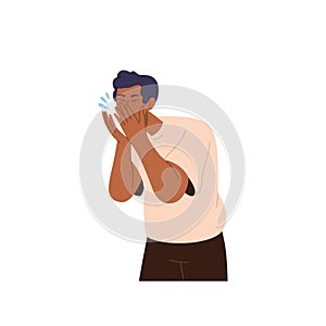 Young sick man character sneezing feeling unwell suffering from viral infection or season allergy