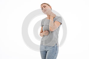 Young sick woman is feeling unwell, ache, pain, bad. White background.