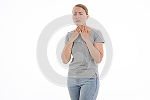 Young sick woman is feeling unwell, ache, pain, bad. White background.