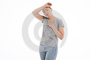 Young sick woman is feeling unwell, ache, pain, bad. White background.