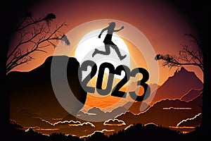 A young silhouette man jump between 2022 and 2023 years over the sun and through on the gap of hill evening sky