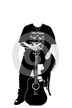 young silhouette playing guitar and musical body expression black and white  image fashion beauty on white background
