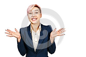 Young silly secretary apologizes and shrugs isolated on a white background
