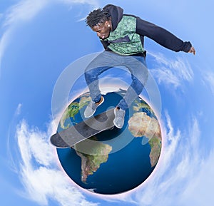 Young skateboarder jumping over the planet earth