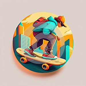 Young skater skateboarding in the city, round icon, generative ai