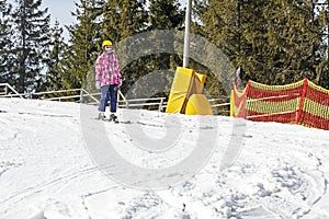 young skier begins to descend from a mid-level ski slope. Active recreation.