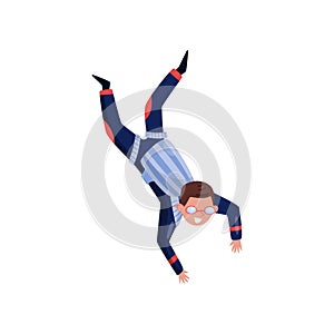 Young skydiver in freefall. Man with parachute pack on his back. Active leisure. Flat vector design