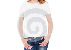 Young slim girl with a beautiful body in a white Tshirt on a white background