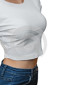 Young slim girl white T-shirt beautiful breasts on an isolated background