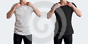 Young slim guy in a black and white t-shirt for design presentation. Mockup