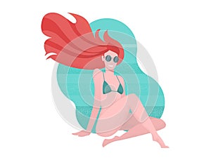 Young slim red-haired woman in separate bikini sits on ground with her legs crossed. Long hair fluttering in wind. Modern flat