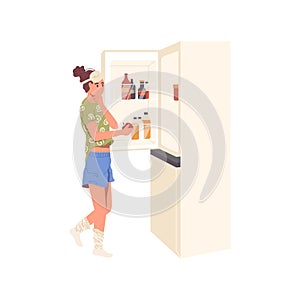 Young slim woman cartoon character choosing healthy snack looking at opened kitchen refrigerator