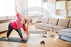 Young slim woman help overweight plus size model exercising. Standing in living room and stretching up and down. Hard