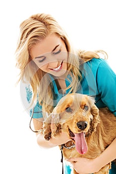 Young smile female veterinarian examinng dog