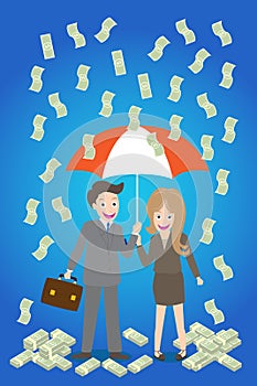 Young smiley couple with umbrella standing under money rain