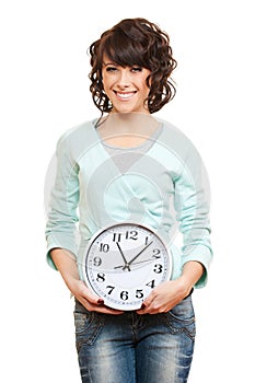 Young smiley woman with clock