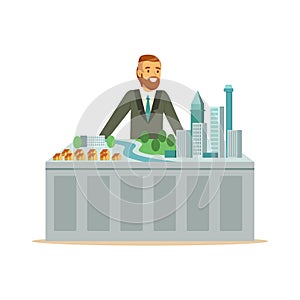 Young smiling architect man presenting model of city plan, colorful character vector Illustration